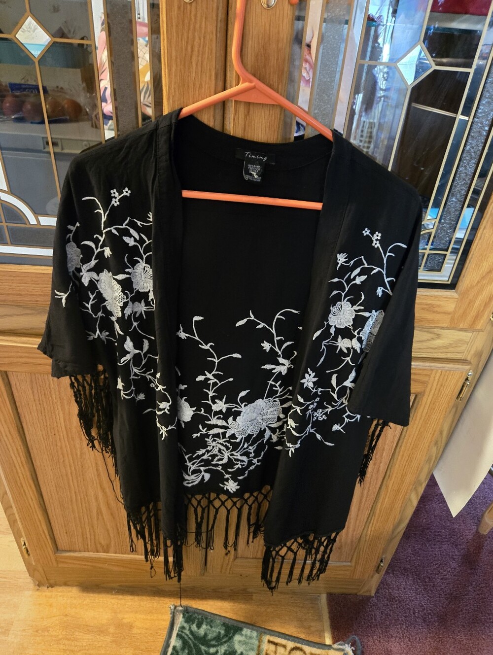 Black Embroidered Fringe Kimono Cardigan -